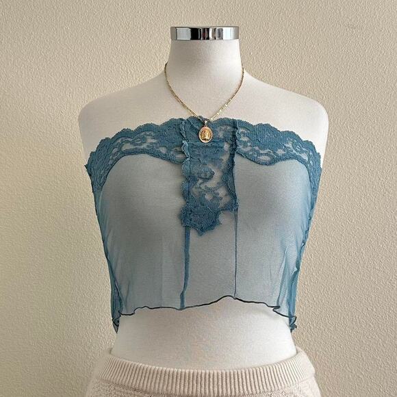handmade blue dainty lace sheer bandeau - Picture 2 of 7